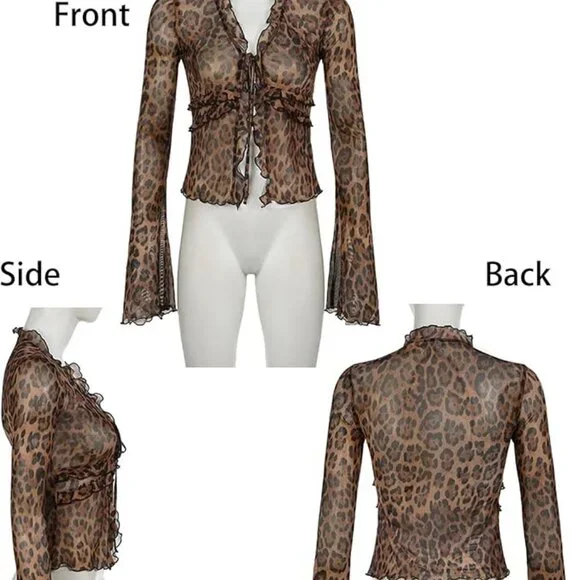 Sheer Mesh Top Leopard Cardigan Cheetah Y2K Ruffle Tie Front Blouse Large NWT - Picture 8 of 9